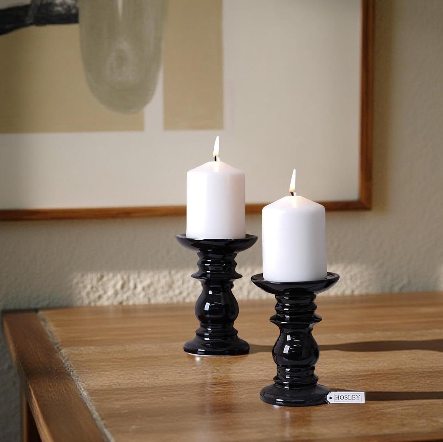 Set of 2 Ceramic Black Pillar Candle Holders 6 Inches High Ideal for LED and Pillar Candles Gifts for Wedding Party Home Spa Reiki Aromatherapy Votive Candle Gardens W5