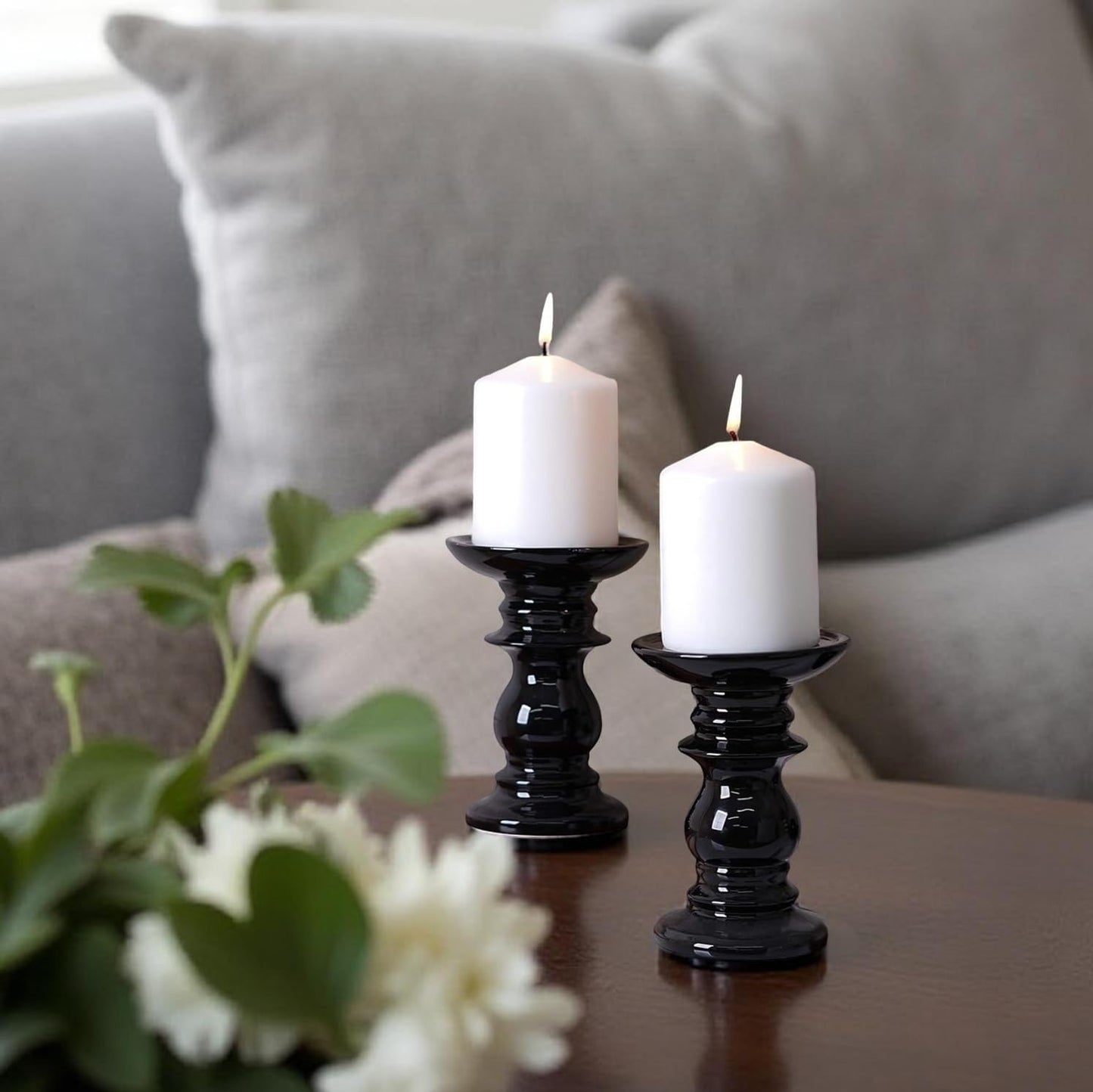 Set of 2 Ceramic Black Pillar Candle Holders 6 Inches High Ideal for LED and Pillar Candles Gifts for Wedding Party Home Spa Reiki Aromatherapy Votive Candle Gardens W5