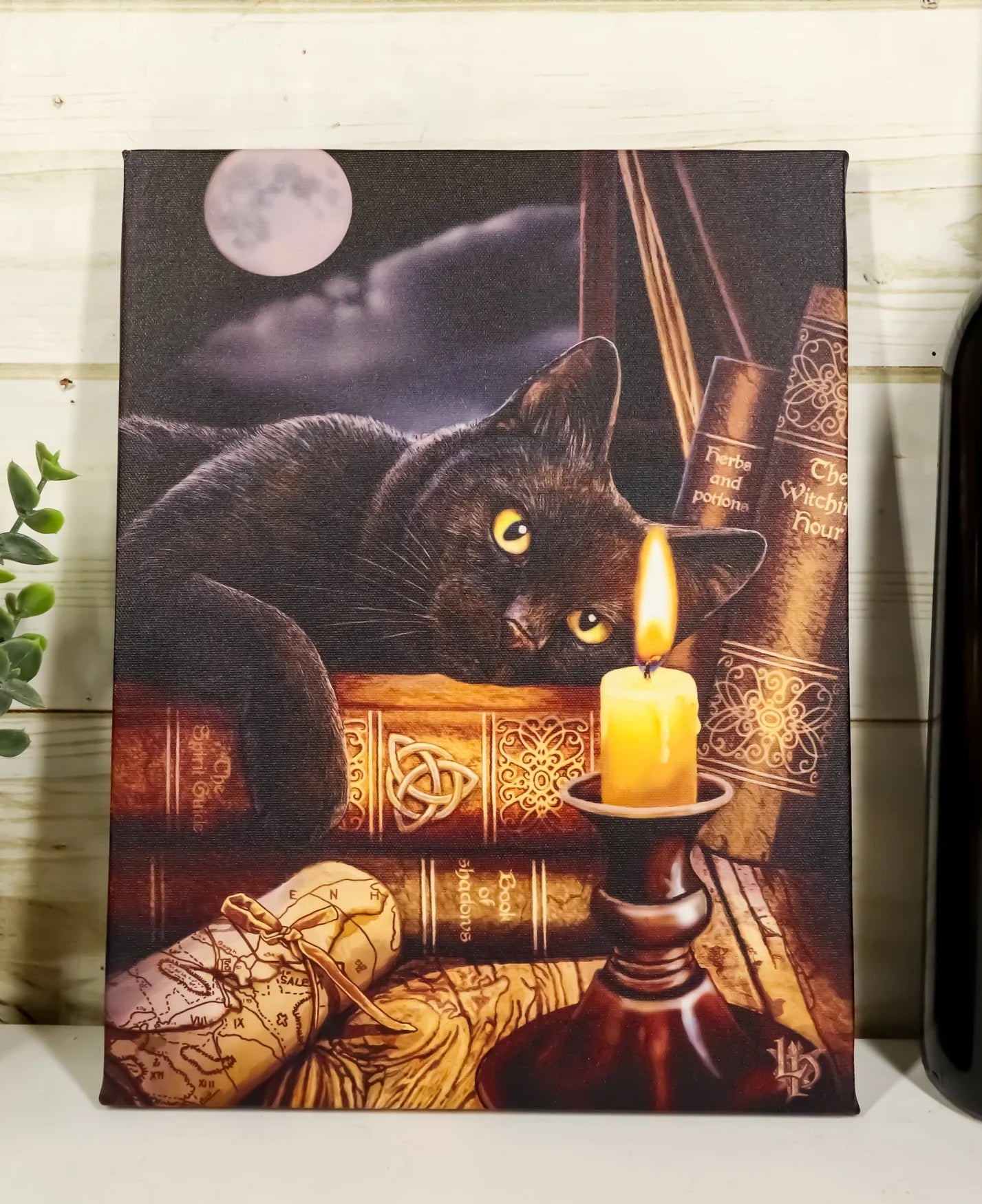 Witching Hour Black Cat by Candle and Spellbooks Wood Framed Canvas Wall Decor