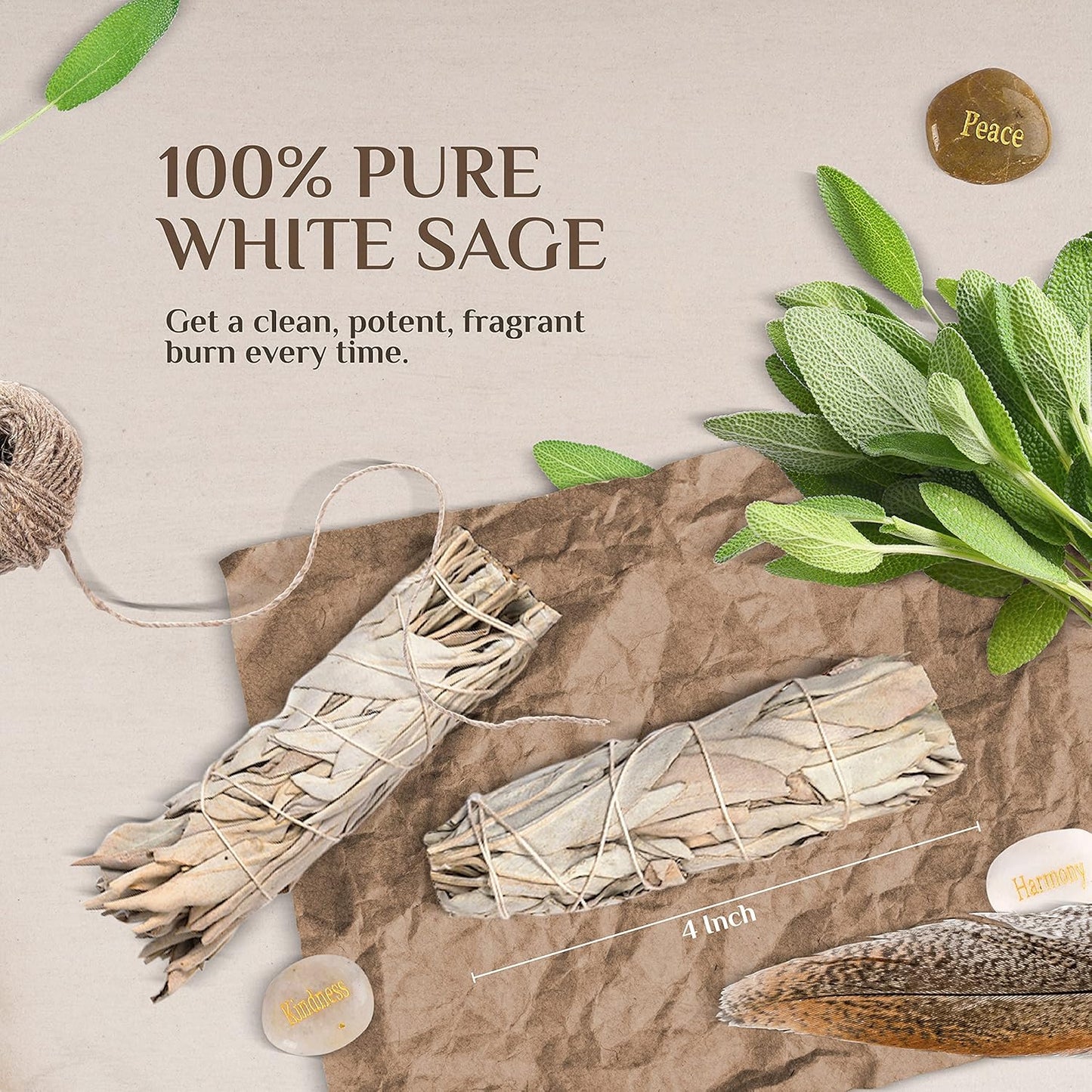 Premium California White Sage Smudge Sticks 4 Inch (10 Pack) — White Sage Smudge Kit for Home Cleansing, Meditation, Yoga, Energy Healing — Grown and Packaged in the USA