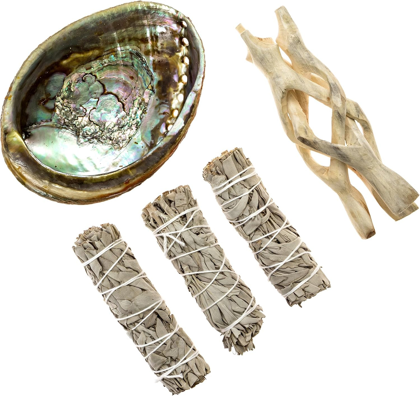 Premium Bundle with 5 Inch or Larger Abalone Shell, Natural Wooden Tripod Stand, and 3 California White Sage Smudge Sticks for Incense Burning, Home Fragrance, Energy Clearing, Yoga, Meditation