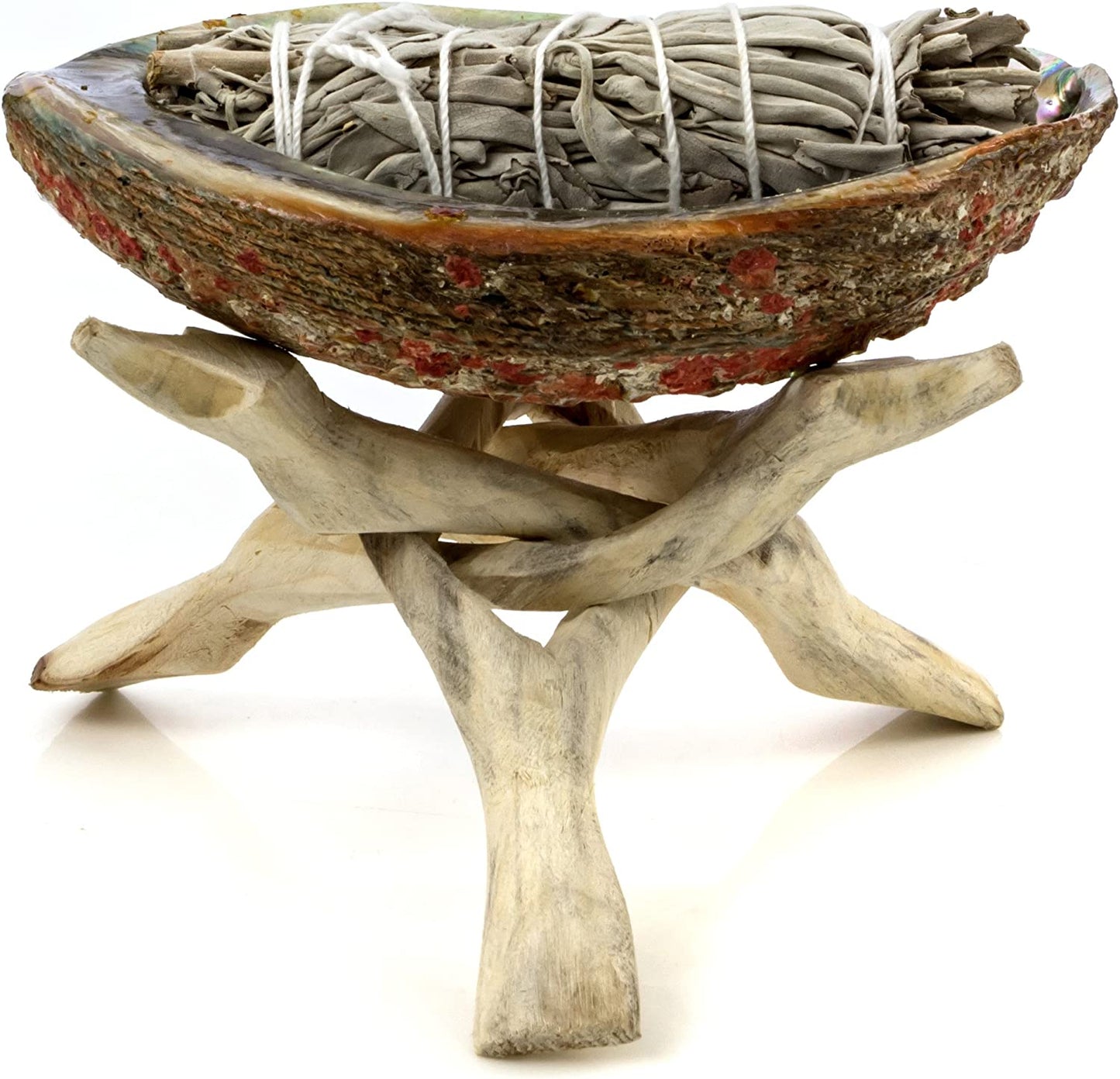 Premium Bundle with 5 Inch or Larger Abalone Shell, Natural Wooden Tripod Stand, and 3 California White Sage Smudge Sticks for Incense Burning, Home Fragrance, Energy Clearing, Yoga, Meditation