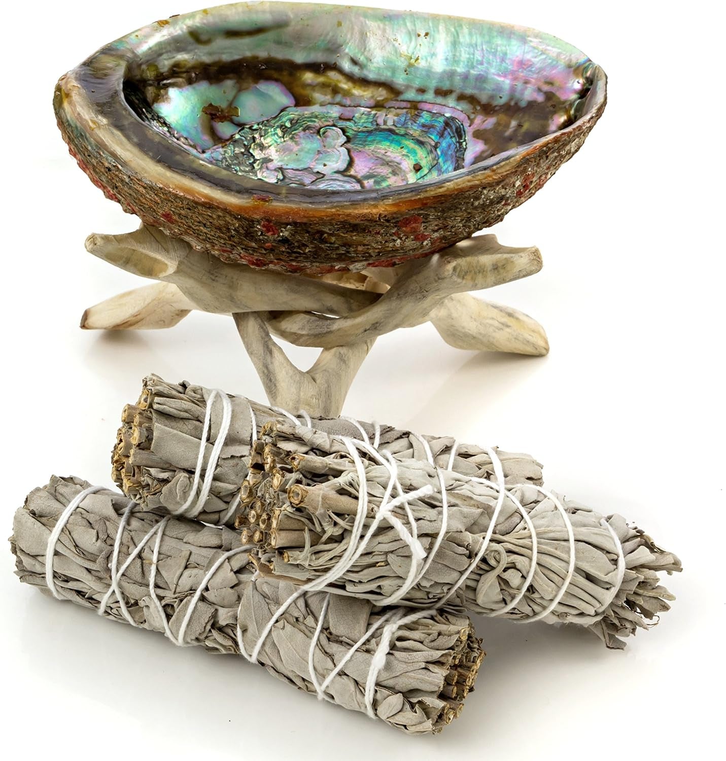 Premium Bundle with 5 Inch or Larger Abalone Shell, Natural Wooden Tripod Stand, and 3 California White Sage Smudge Sticks for Incense Burning, Home Fragrance, Energy Clearing, Yoga, Meditation