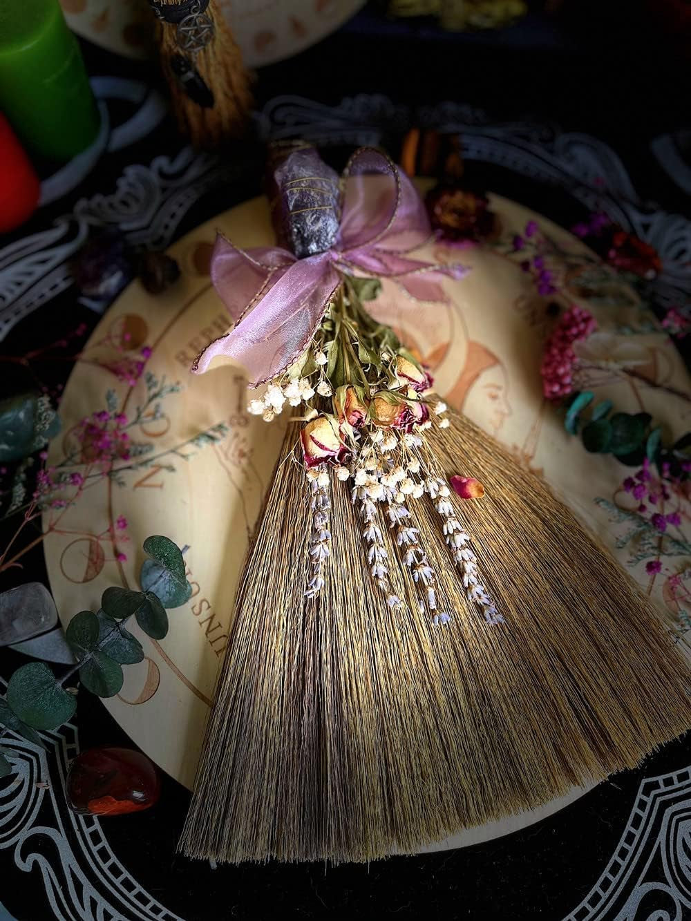 12.2" Witch Altar Broom | Amethyst Crystal Deco Wicca Brush | Handmade Miscanthus Broomstick for Majic Ceremonial, Wall Decor, Wiccan Ritual Broom