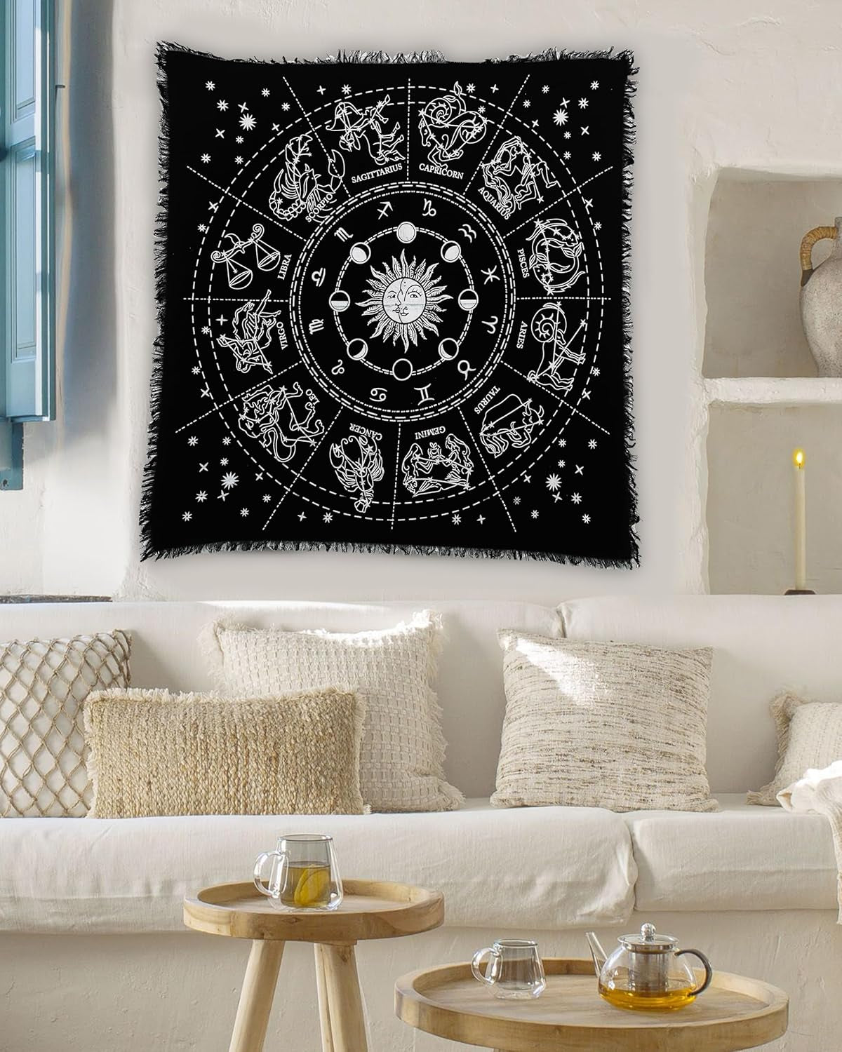 Altar Zodiac Witchcraft Tarot Spread Cloth - Wiccan Square Spiritual 24 by 24 Sacred Universe (Zodiac Silver)