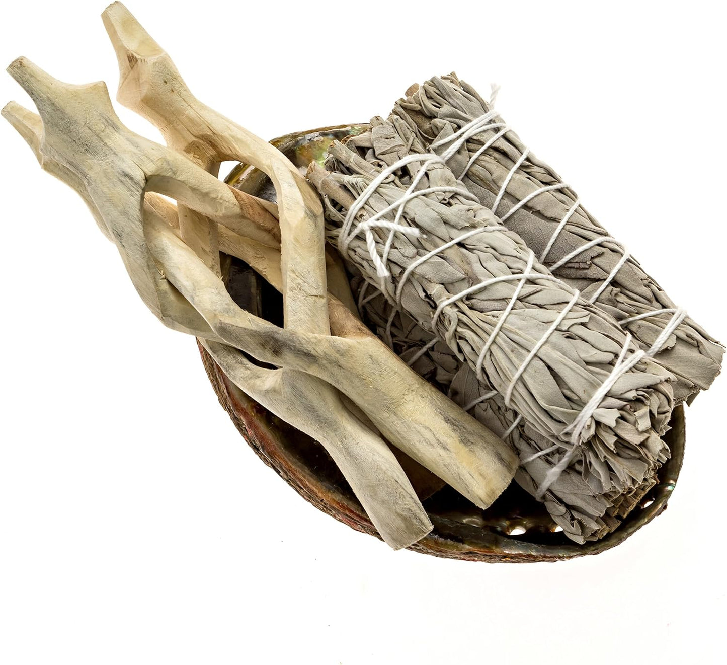 Premium Bundle with 5 Inch or Larger Abalone Shell, Natural Wooden Tripod Stand, and 3 California White Sage Smudge Sticks for Incense Burning, Home Fragrance, Energy Clearing, Yoga, Meditation