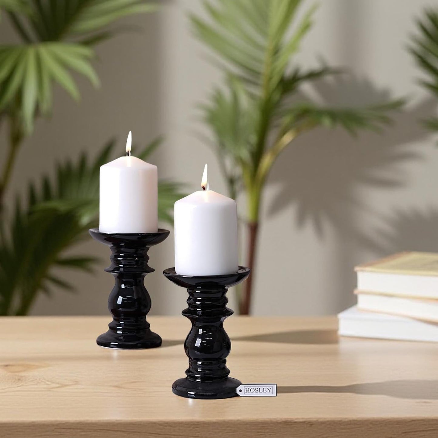 Set of 2 Ceramic Black Pillar Candle Holders 6 Inches High Ideal for LED and Pillar Candles Gifts for Wedding Party Home Spa Reiki Aromatherapy Votive Candle Gardens W5