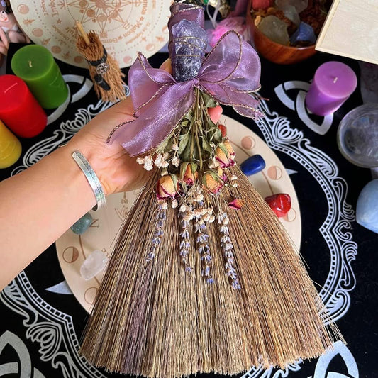 12.2" Witch Altar Broom | Amethyst Crystal Deco Wicca Brush | Handmade Miscanthus Broomstick for Majic Ceremonial, Wall Decor, Wiccan Ritual Broom