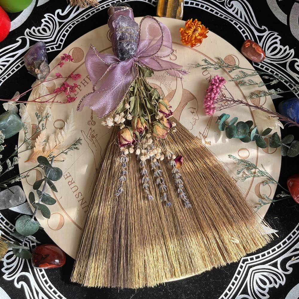 12.2" Witch Altar Broom | Amethyst Crystal Deco Wicca Brush | Handmade Miscanthus Broomstick for Majic Ceremonial, Wall Decor, Wiccan Ritual Broom