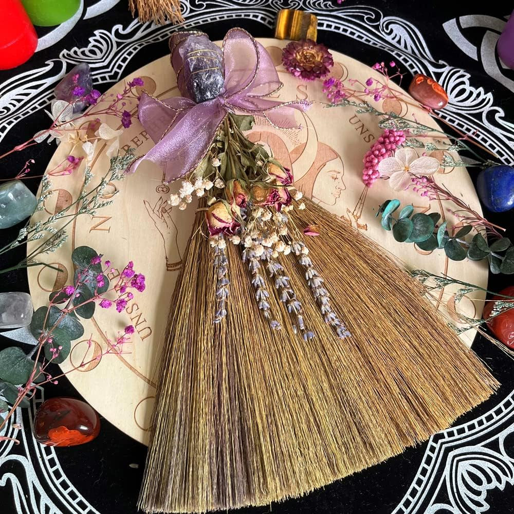 12.2" Witch Altar Broom | Amethyst Crystal Deco Wicca Brush | Handmade Miscanthus Broomstick for Majic Ceremonial, Wall Decor, Wiccan Ritual Broom