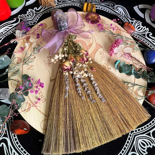 12.2" Witch Altar Broom | Amethyst Crystal Deco Wicca Brush | Handmade Miscanthus Broomstick for Majic Ceremonial, Wall Decor, Wiccan Ritual Broom