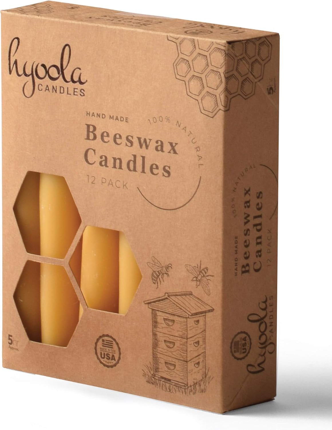 5 Inch Beeswax Taper Candles 12 Pack - Handmade, All Natural, 100% Pure Unscented Bee Wax Candle - Tall, Decorative, Golden Yellow - 5 Hour Burn Time