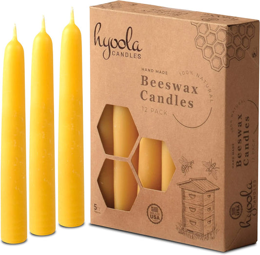 5 Inch Beeswax Taper Candles 12 Pack - Handmade, All Natural, 100% Pure Unscented Bee Wax Candle - Tall, Decorative, Golden Yellow - 5 Hour Burn Time