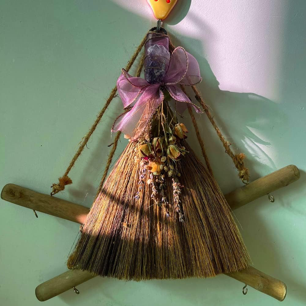 12.2" Witch Altar Broom | Amethyst Crystal Deco Wicca Brush | Handmade Miscanthus Broomstick for Majic Ceremonial, Wall Decor, Wiccan Ritual Broom