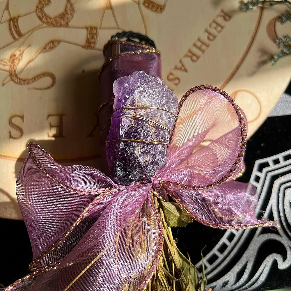 12.2" Witch Altar Broom | Amethyst Crystal Deco Wicca Brush | Handmade Miscanthus Broomstick for Majic Ceremonial, Wall Decor, Wiccan Ritual Broom