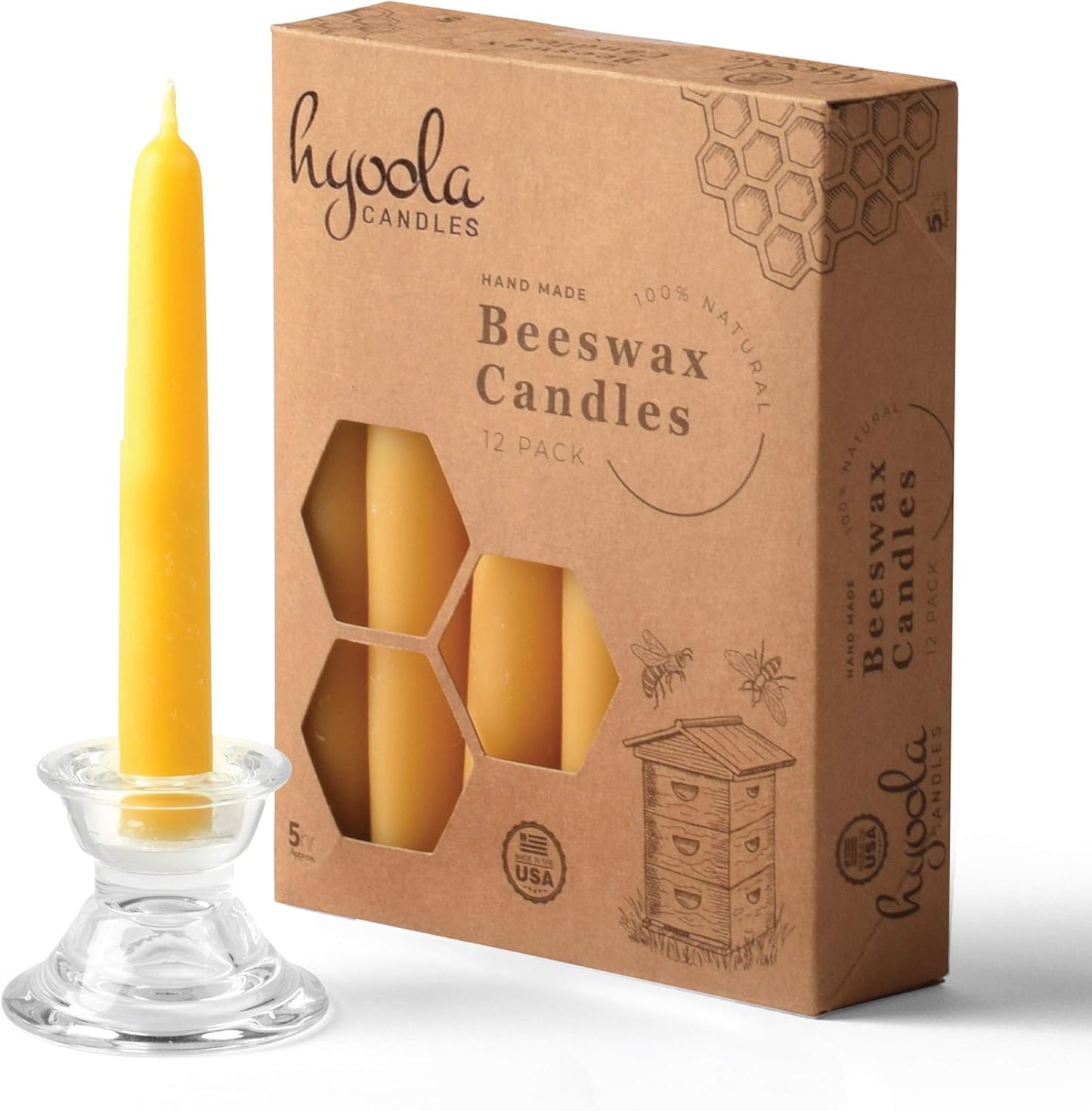 5 Inch Beeswax Taper Candles 12 Pack - Handmade, All Natural, 100% Pure Unscented Bee Wax Candle - Tall, Decorative, Golden Yellow - 5 Hour Burn Time