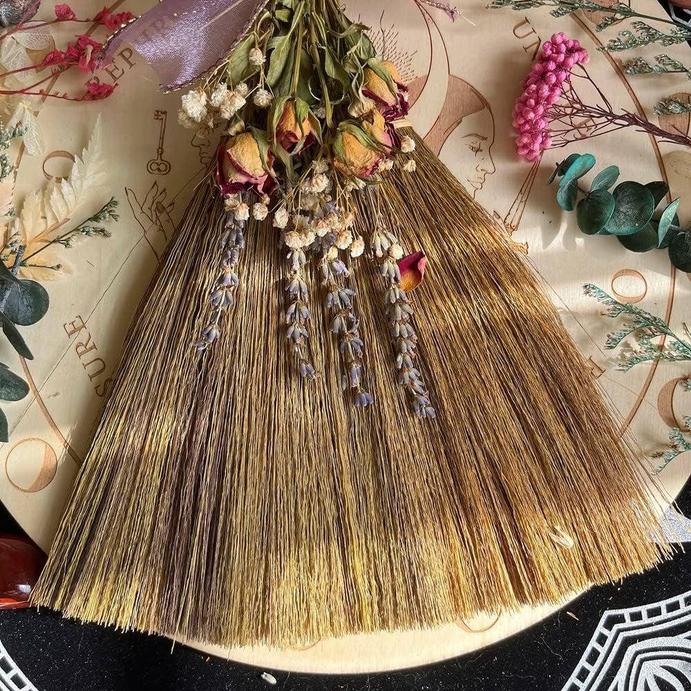 12.2" Witch Altar Broom | Amethyst Crystal Deco Wicca Brush | Handmade Miscanthus Broomstick for Majic Ceremonial, Wall Decor, Wiccan Ritual Broom