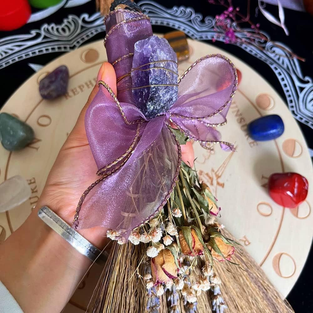 12.2" Witch Altar Broom | Amethyst Crystal Deco Wicca Brush | Handmade Miscanthus Broomstick for Majic Ceremonial, Wall Decor, Wiccan Ritual Broom