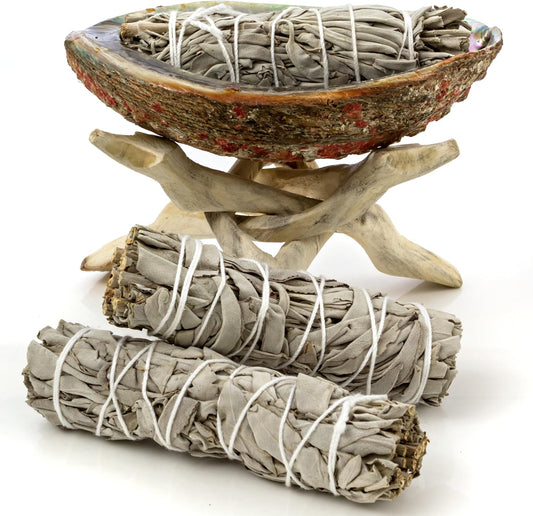 Premium Bundle with 5 Inch or Larger Abalone Shell, Natural Wooden Tripod Stand, and 3 California White Sage Smudge Sticks for Incense Burning, Home Fragrance, Energy Clearing, Yoga, Meditation