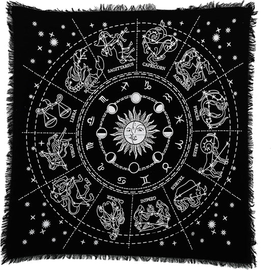 Altar Zodiac Witchcraft Tarot Spread Cloth - Wiccan Square Spiritual 24 by 24 Sacred Universe (Zodiac Silver)