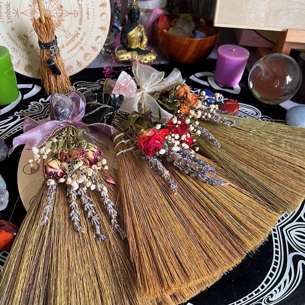 12.2" Witch Altar Broom | Amethyst Crystal Deco Wicca Brush | Handmade Miscanthus Broomstick for Majic Ceremonial, Wall Decor, Wiccan Ritual Broom