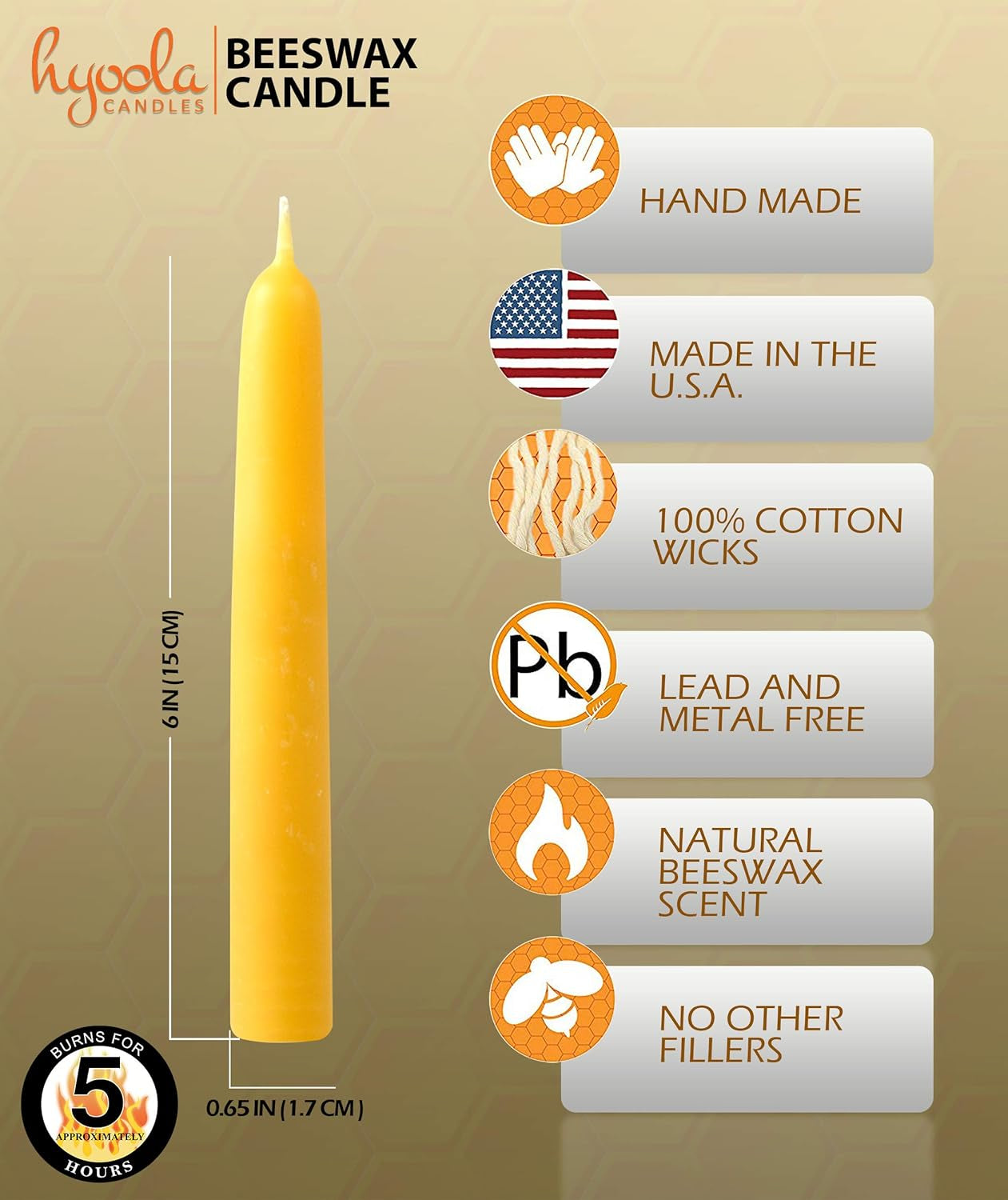 5 Inch Beeswax Taper Candles 12 Pack - Handmade, All Natural, 100% Pure Unscented Bee Wax Candle - Tall, Decorative, Golden Yellow - 5 Hour Burn Time