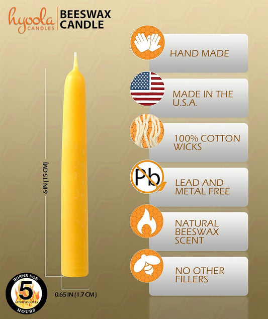 5 Inch Beeswax Taper Candles 12 Pack - Handmade, All Natural, 100% Pure Unscented Bee Wax Candle - Tall, Decorative, Golden Yellow - 5 Hour Burn Time